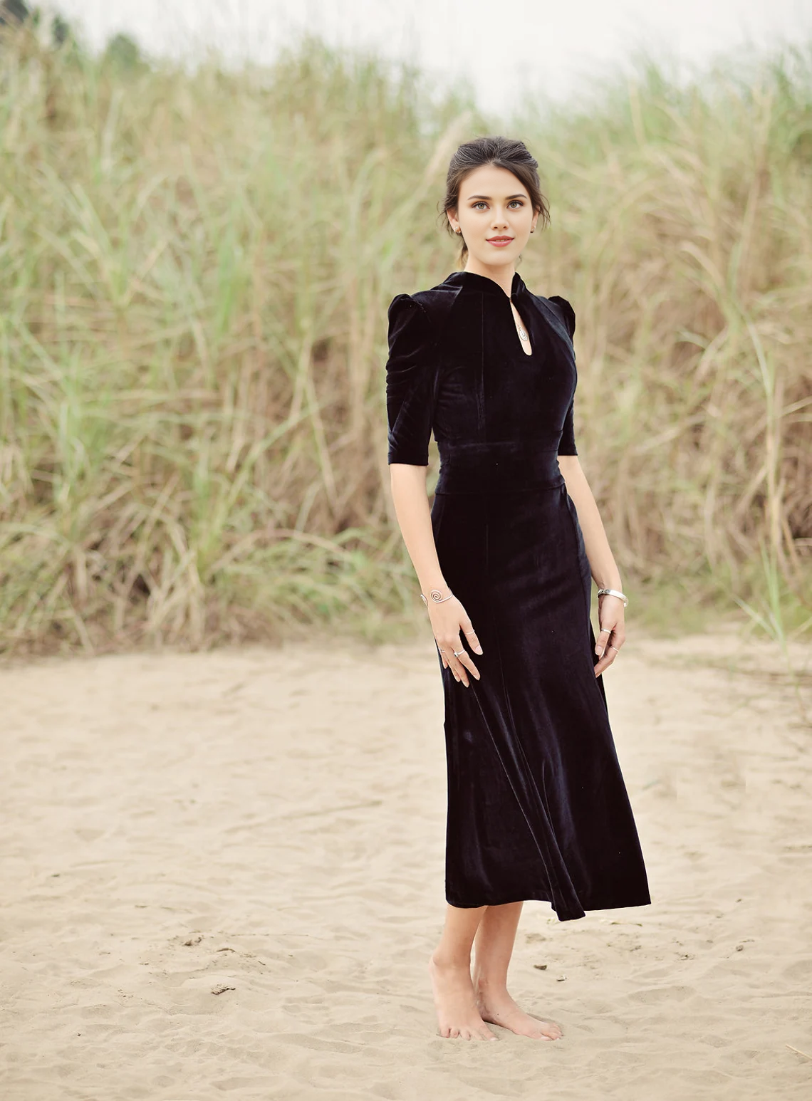 Elegant Short Sleeves Evening Dress Velvet Dress Black Women Velvet Dress Velvet Formal Dress